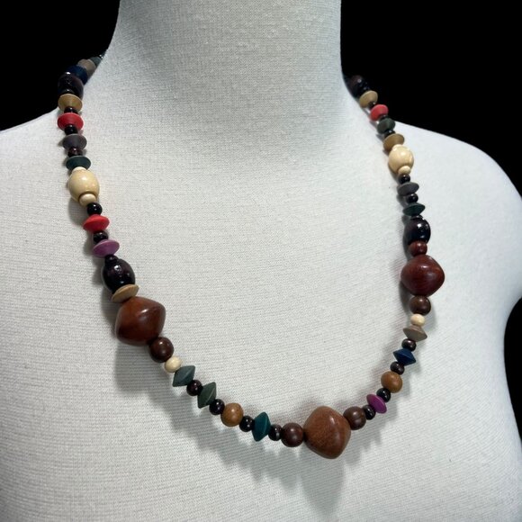 Retro Multicolor Beaded Necklace Natural Wood & Resin Artisan Boho Chic Festival - Picture 3 of 6